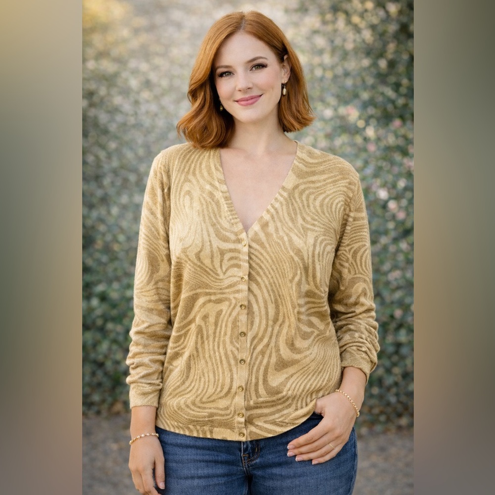 Josephine Chaus Women's Gold Sweater Cardigan Sz. XL Sparkly Button Up Shimmer
